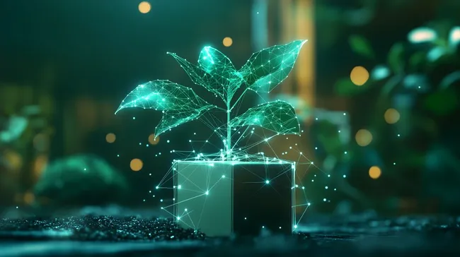 Futuristisches Hologramm einer Pflanze in grün-goldener Umgebung