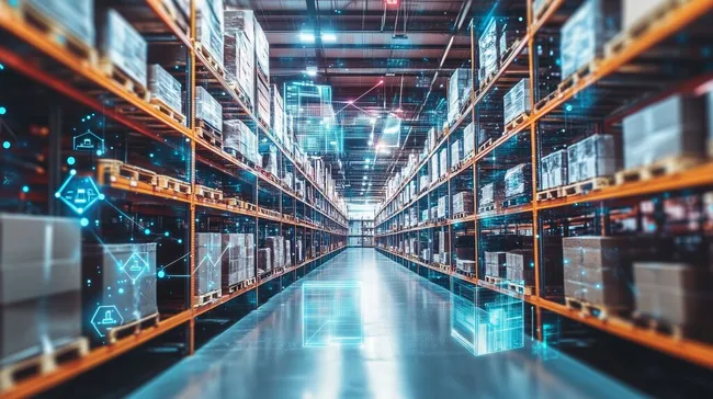 Futuristisches Industrielager mit Digitaltechnik