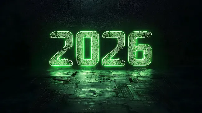 Futuristisches Jahr 2026 in glänzendem Digitalneon