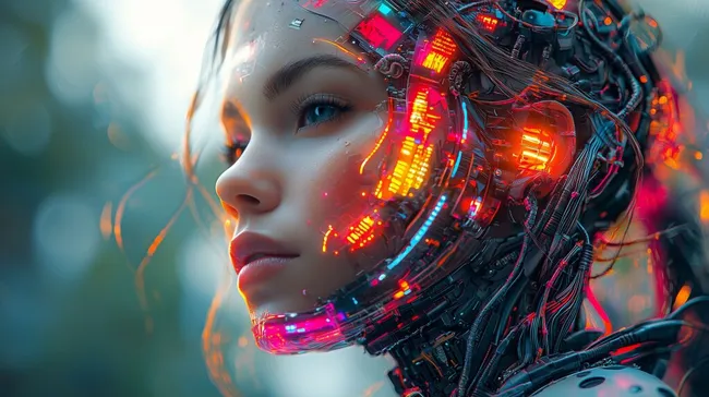 Futuristisches KI-Cyborg-Porträt mit leuchtenden LED-Implantaten