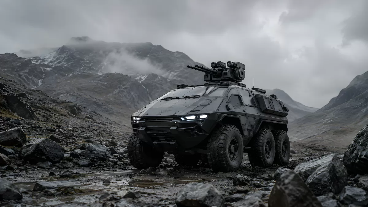 Futuristisches Militärfahrzeug in bergiger Landschaft