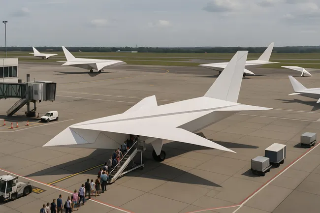 Futuristisches Papierflugzeug am Flughafen-Terminal