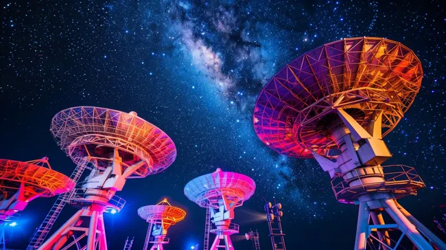 Futuristisches Radioteleskop-Ensemble unter Sternenhimmel