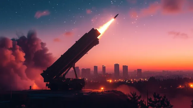 Futuristisches Raketenabwehrsystem über Großstadt bei Sonnenuntergang