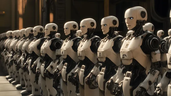 Futuristisches Roboter-Militär in dystopischer Umgebung