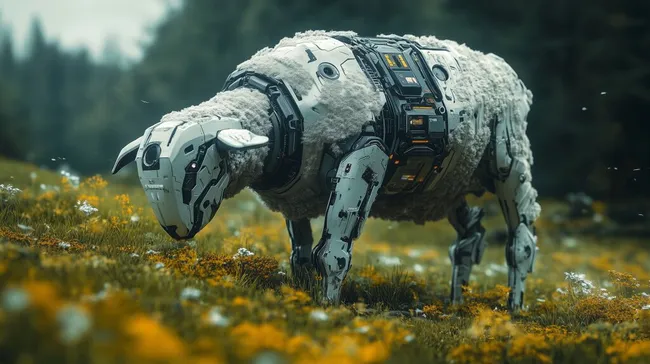 Futuristisches Roboter-Schaf auf blühender Bergwiese