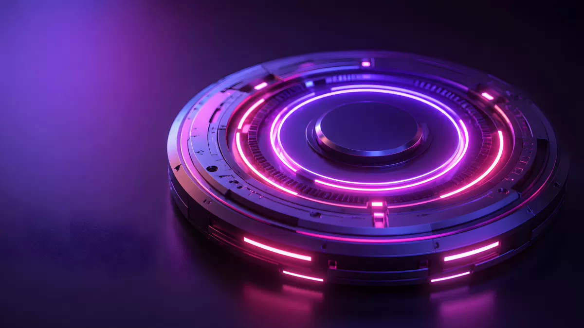 Futuristisches Sci-Fi-Objekt mit lilanen Neonringen