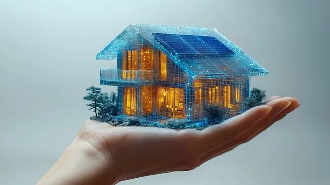 Futuristisches Smart-Home mit Solarpaneelen in strahlendem Blau