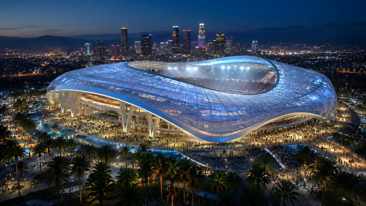 Futuristisches Stadion bei Nacht mit Stadtpanorama