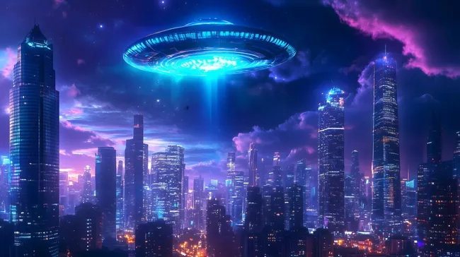 Futuristisches UFO über moderner Skyline bei Nacht