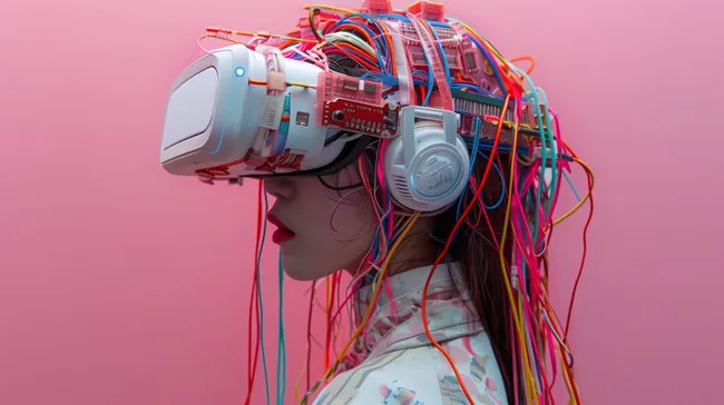 Futuristisches VR-Erlebnis mit Kopfhörer und Kabeln