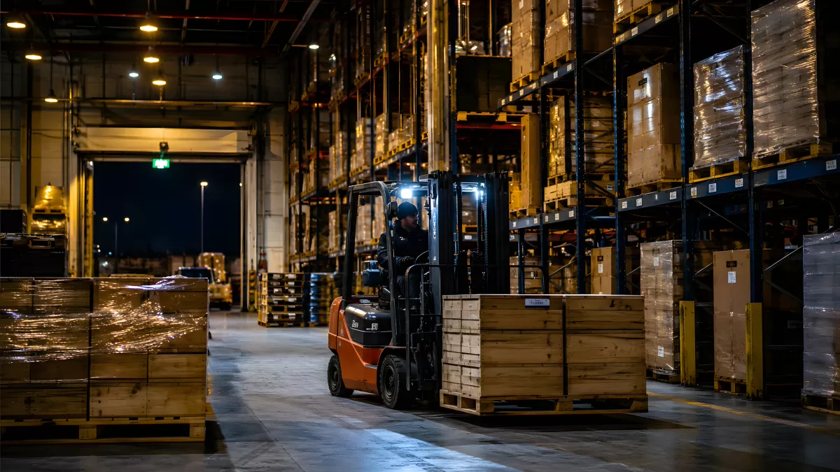 Gabelstapler transportiert Holzpaletten im Nachtlager