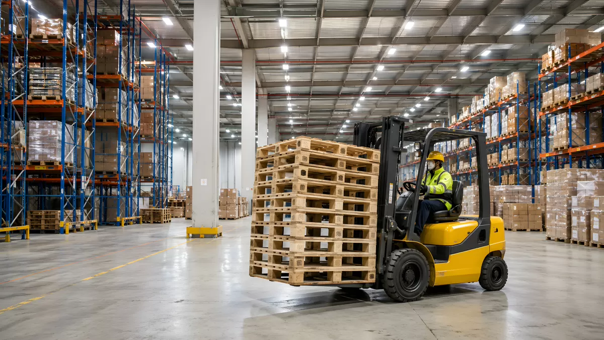Gabelstapler transportiert Holzpaletten in großem Lager