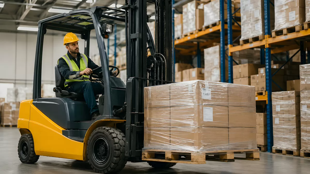 Gabelstapler transportiert Palette im Warenlager