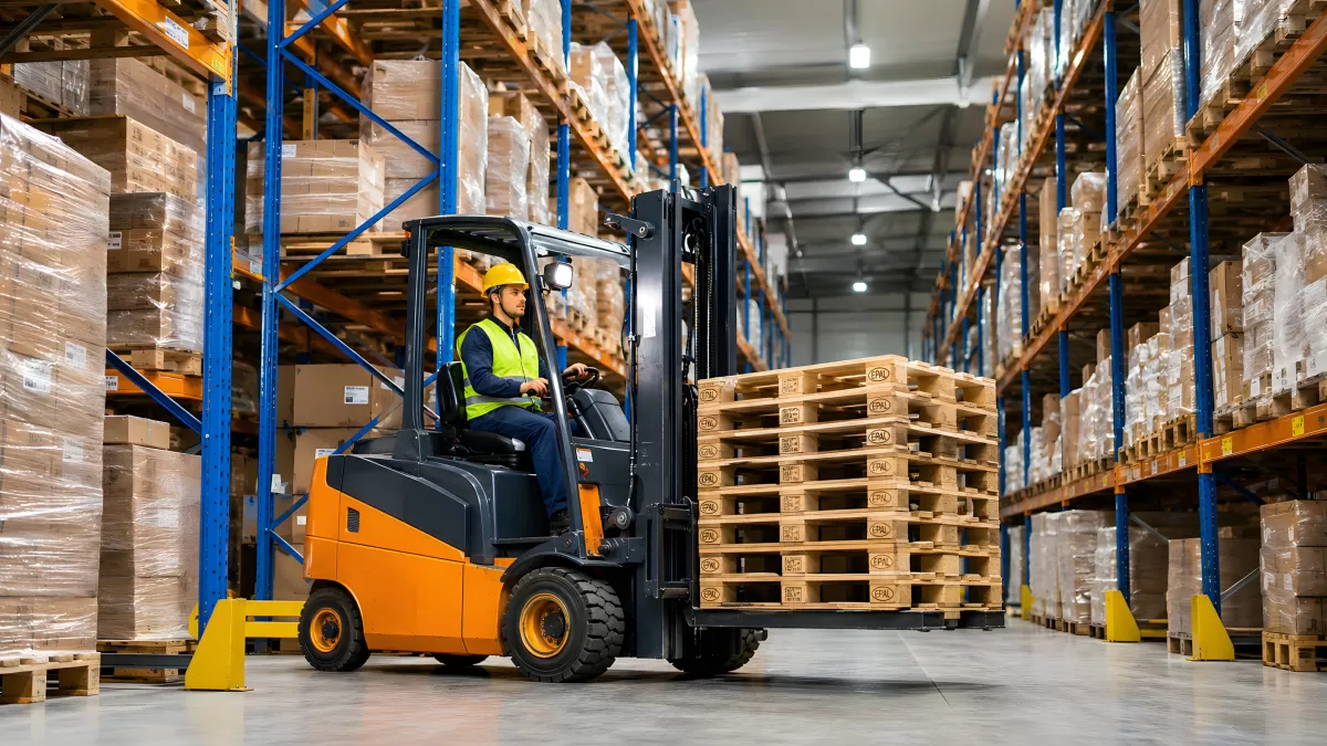 Gabelstaplerfahrer navigiert durch großes Warenlager