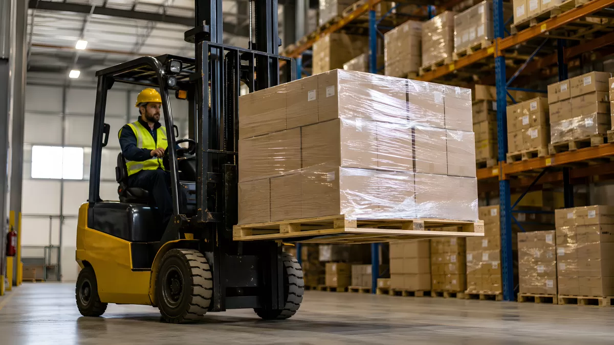 Gabelstaplerfahrer transportiert Palette im Lager
