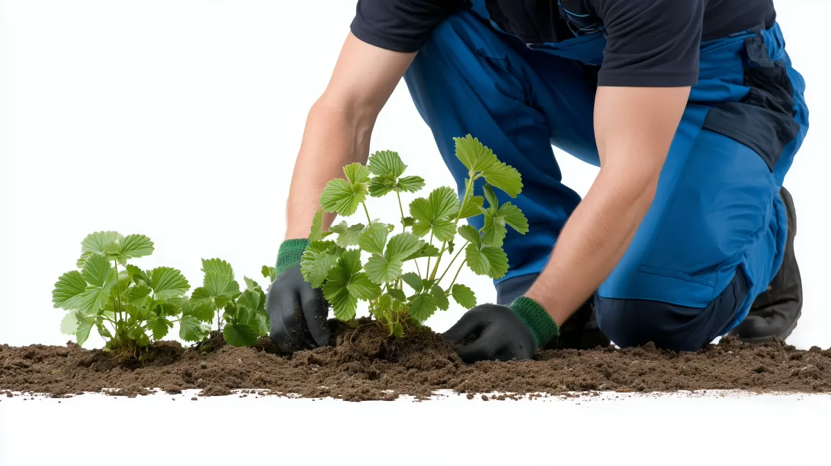 Gärtner bepflanzt Gemüsebeete im Garten