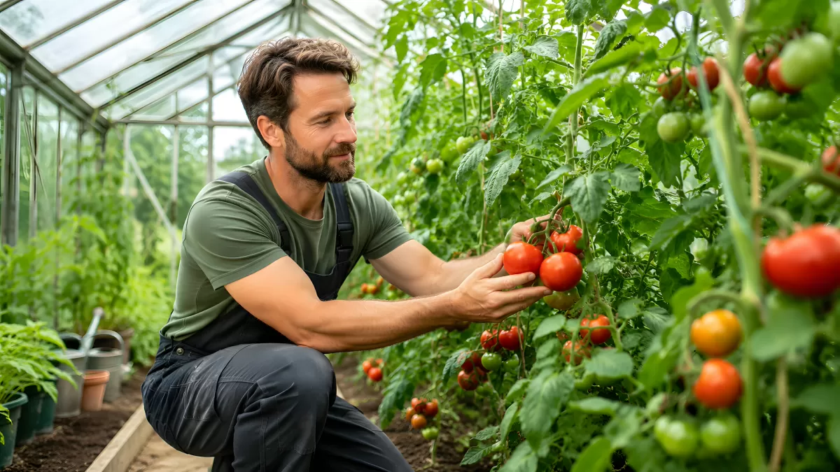 Gärtner erntet frische Tomaten im Gewächshaus