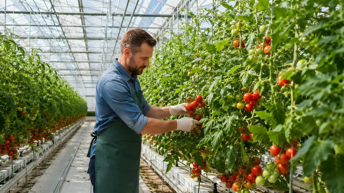 Gärtner erntet reife Tomaten im Gewächshaus