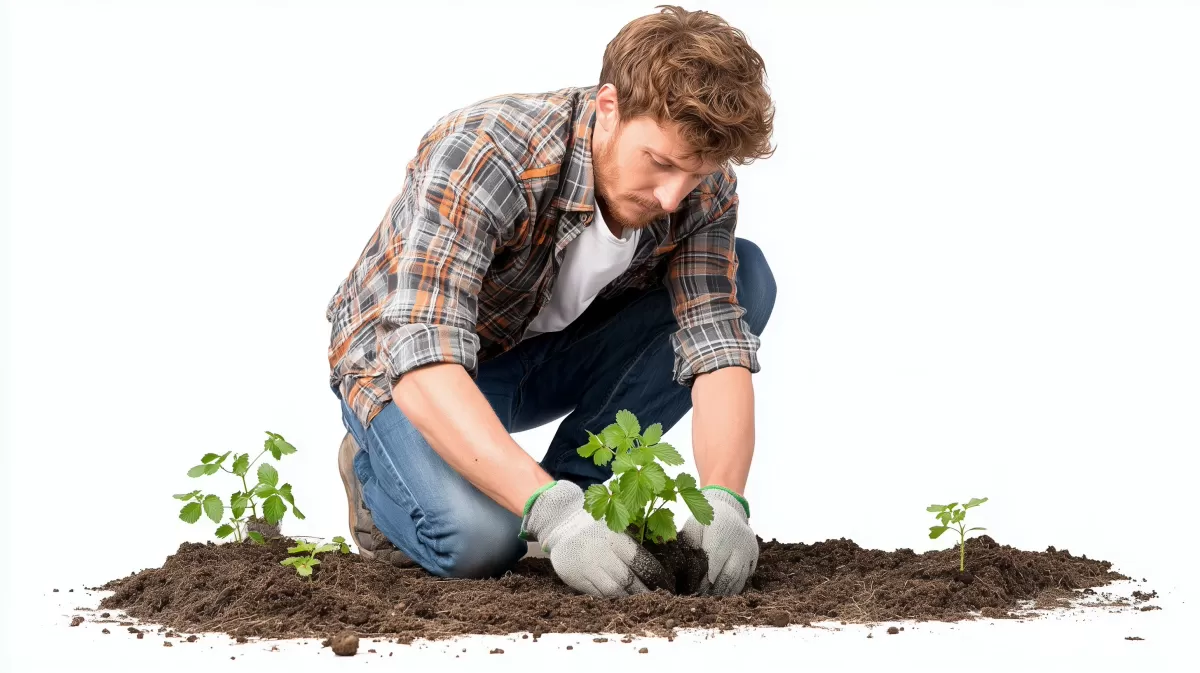 Gärtner pflanzt junge Gemüsepflanzen in Erde ein