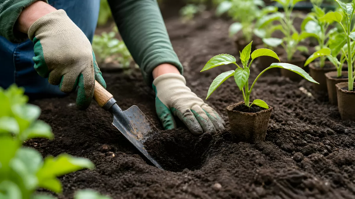 Gärtner pflanzt Setzlinge in dunkle Gartenerde