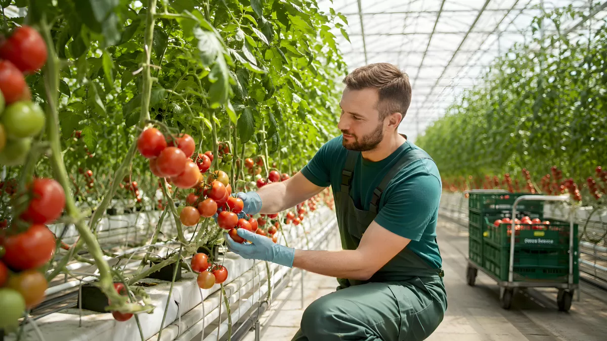Gärtner pflückt reife Tomaten im Gewächshaus