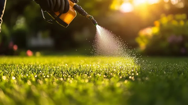 Gärtner sprüht Unkrautvernichtungsmittel auf grünen Rasen bei Sonnenuntergang