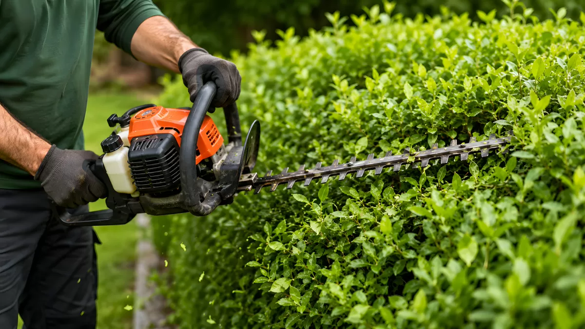 Gärtner trimmt grüne Hecke mit Benzin-Heckenschere