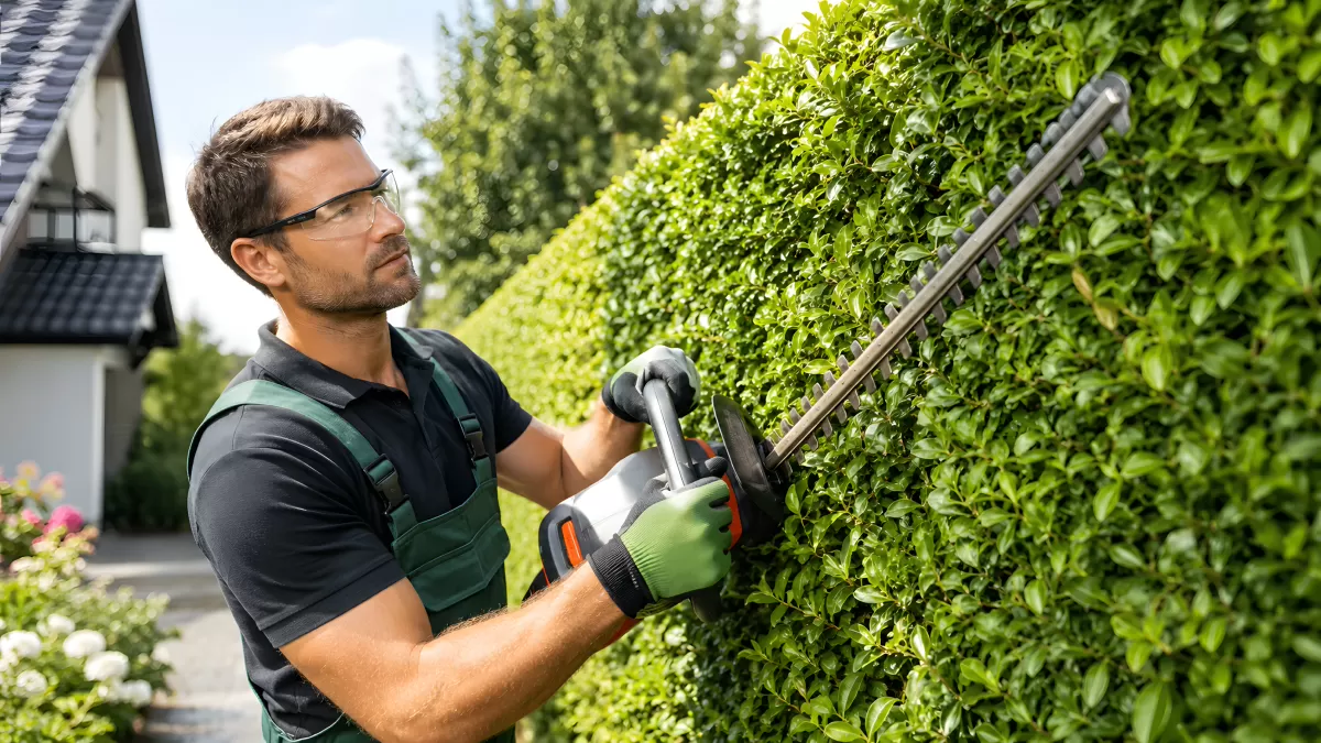 Gärtner trimmt grüne Hecke mit elektrischer Heckenschere