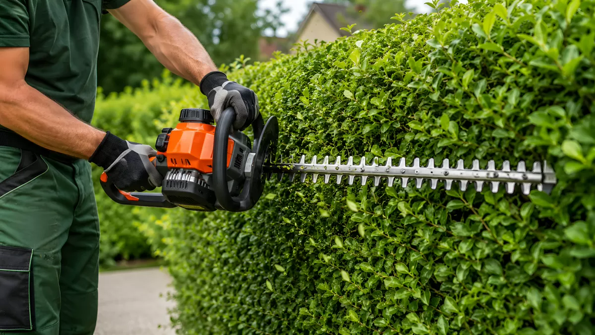 Gärtner trimmt Hecke mit orangefarbenem Heckenschneider