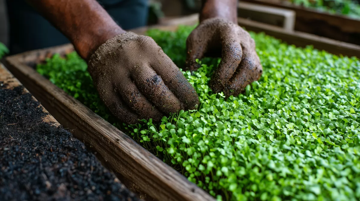 Gärtnerhände säen neue Saat in der Pflanzenanzucht