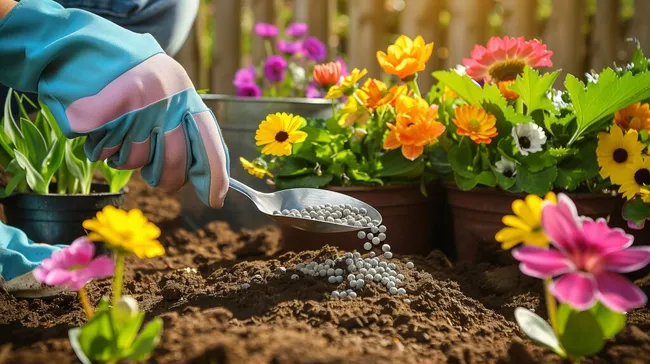 Gärtnerin bepflanzt Blumenkasten mit bunten Sommer-Blumen