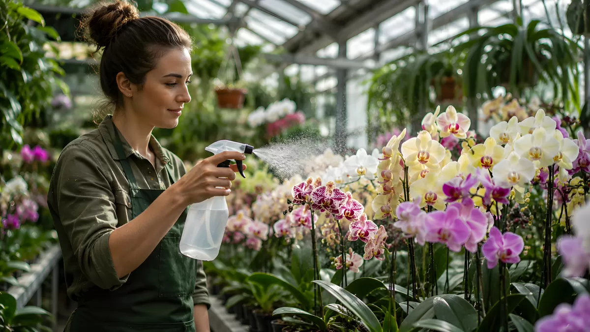 Gärtnerin besprüht bunte Orchideen im Gewächshaus