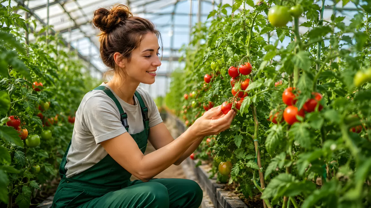 Gärtnerin erntet reife Tomaten im Gewächshaus
