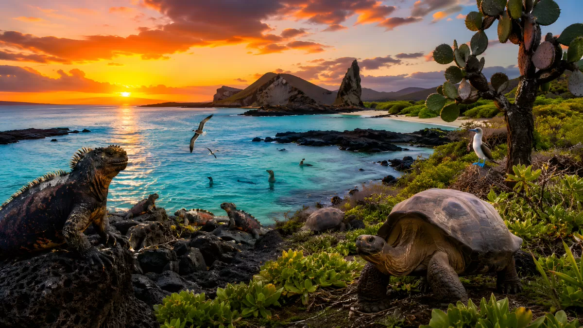 Galápagos-Inseln bei Sonnenuntergang mit Riesenschildkröte