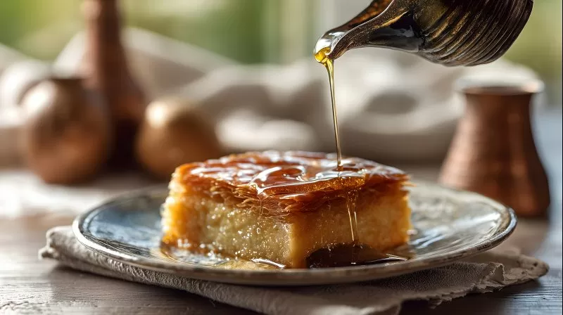 Galaktoboureko mit Sirup auf Teller mit metallischem Rand
