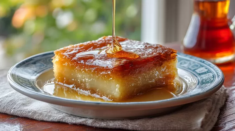 Galaktoboureko mit Sirup auf Teller und Serviette vor Fenster