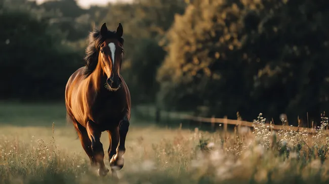 Galoppierendes Braunes Pferd auf Blühender Wiese