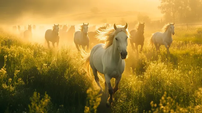Galoppierendes Pferde-Rudel in goldener Abendsonne