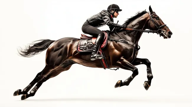 Galoppierendes Rennpferd mit Jockey in voller Fahrt