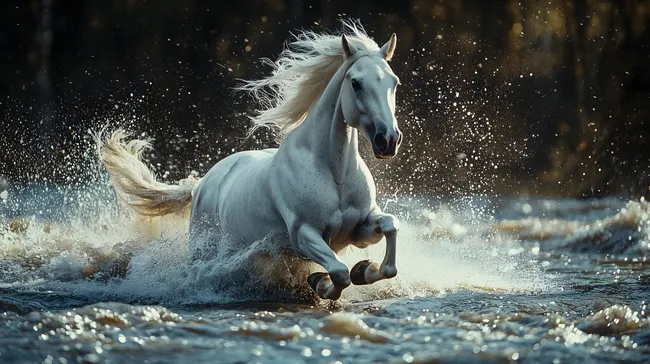Galoppierendes Weißes Pferd im Sprung durch Wasser