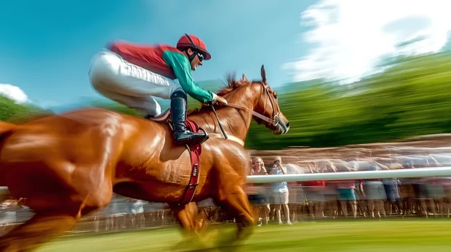 Galopprennen mit Jockey in rasanter Bewegung