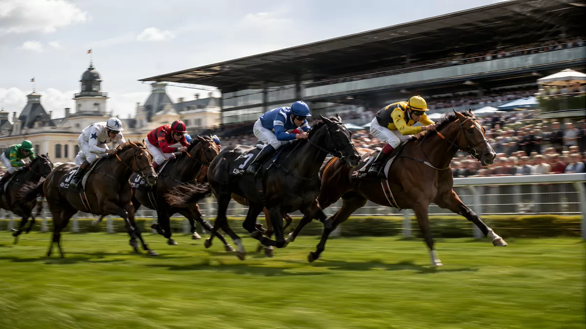 Galopprennen mit mehreren Jockeys auf grüner Rennbahn