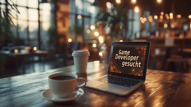 Game Developer gesucht - Kaffee und Laptop in gemütlicher Büroatmosphäre