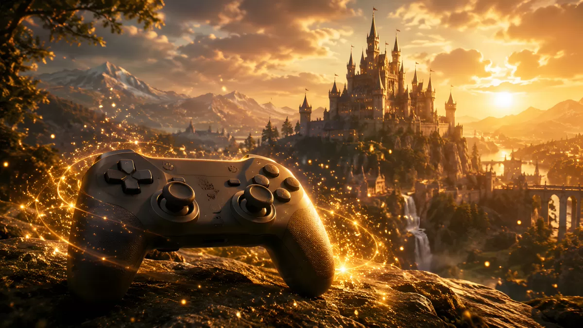 Gamecontroller mit Magie vor Fantasy-Schloss im Sonnenuntergang