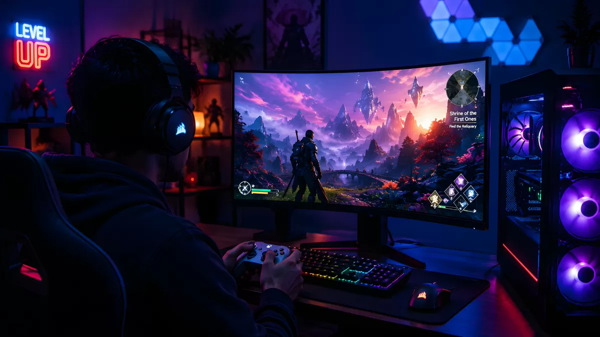 Gamer am PC mit Curved-Monitor und RGB-Beleuchtung