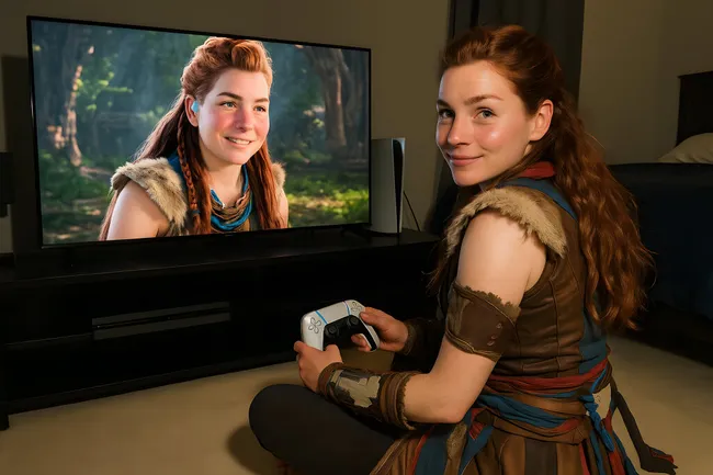 Gamer-Frau spielt Horizon-Videospiel auf Couch