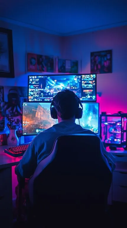 Gamer in RGB-beleuchteter Spielehöhle mit Mehrfachbildschirmen
