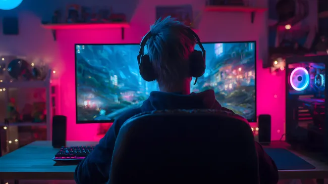 Gamer mit Kopfhörern vor ultraweitem Bildschirm im Neonlicht
