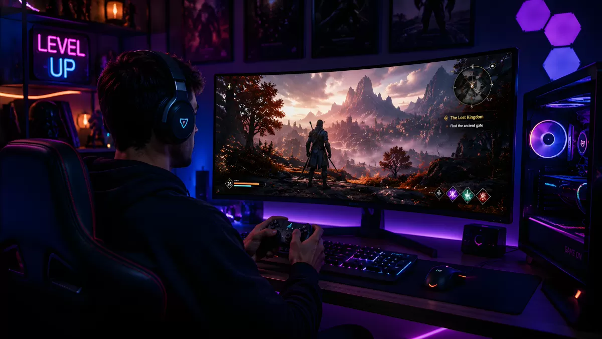 Gamer spielt Action-RPG an ultrabreitem Monitor